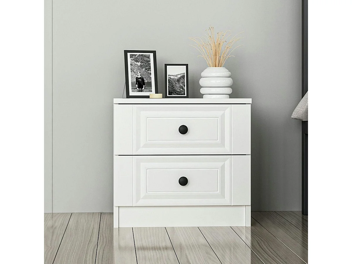 Table de chevet blanche 2 tiroirs avec moulures MARFA
