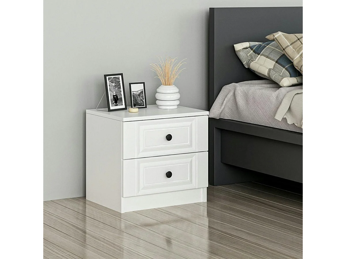 Table de chevet blanche 2 tiroirs avec moulures MARFA