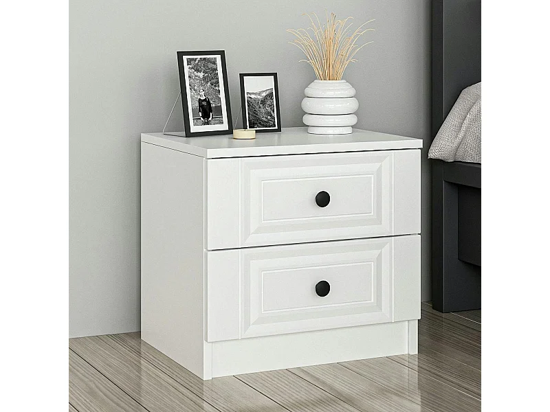 Table de chevet blanche 2 tiroirs avec moulures MARFA