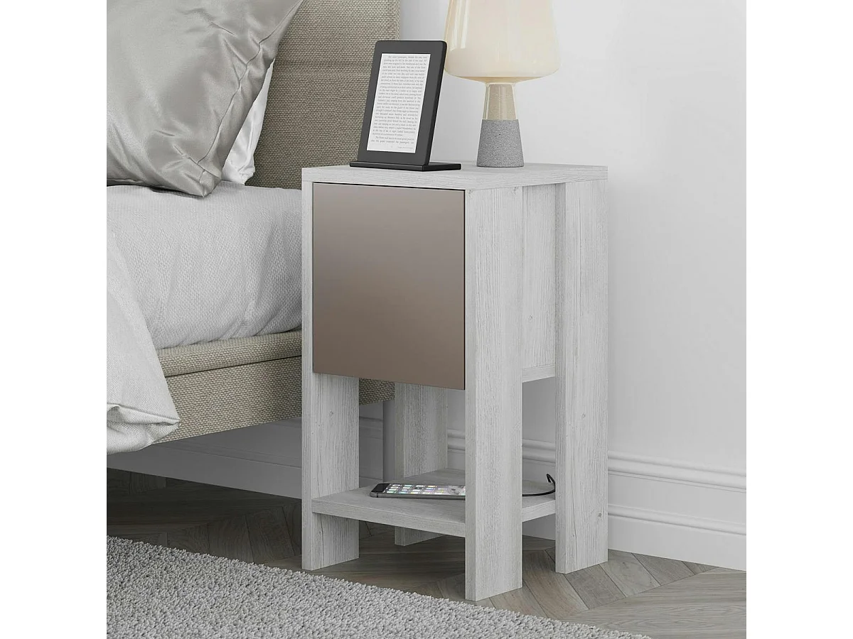 Petite table de chevet blanc gris 1 porte moka MARFA