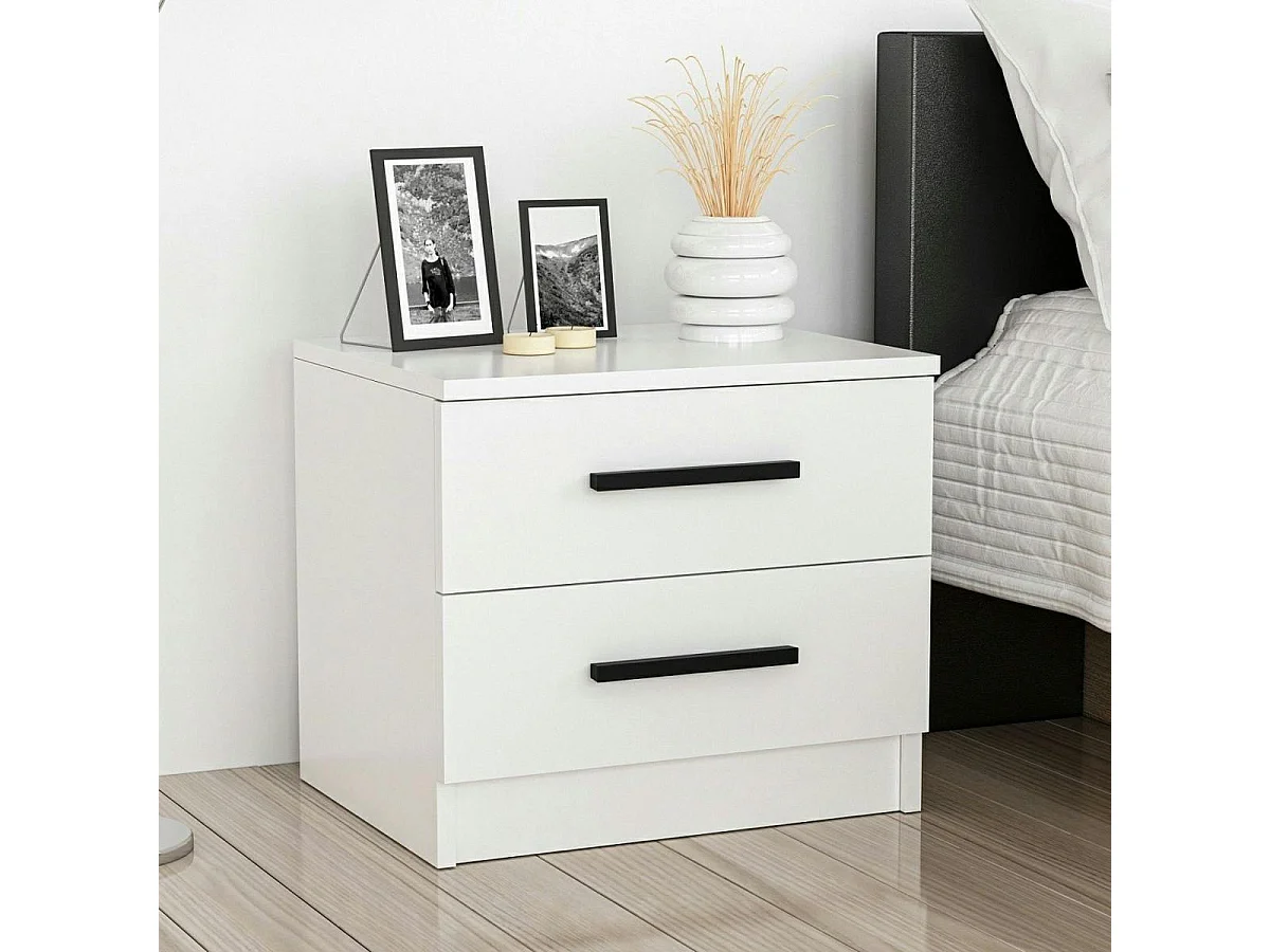 Table de chevet blanche 2 tiroirs à poignée baguette MARFA