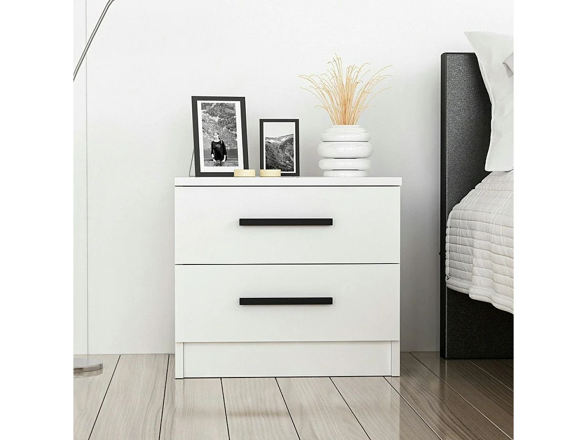 Table de chevet blanche 2 tiroirs à poignée baguette MARFA