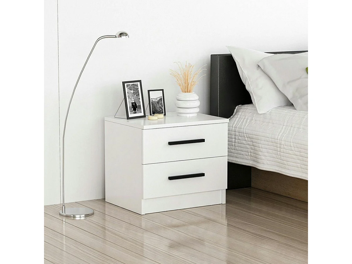 Table de chevet blanche 2 tiroirs à poignée baguette MARFA