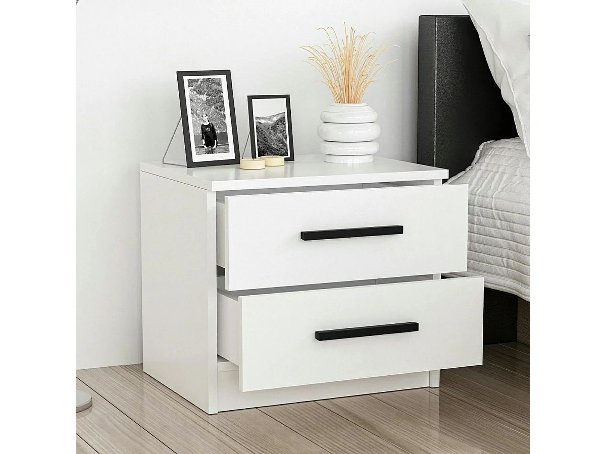 Table de chevet blanche 2 tiroirs à poignée baguette MARFA