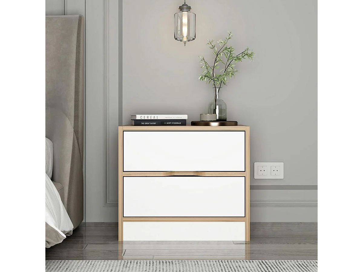 Table de chevet moderne 2 tiroirs décor bois et blanc BYRON