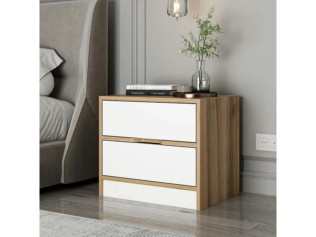 Table de chevet moderne 2 tiroirs décor bois et blanc BYRON