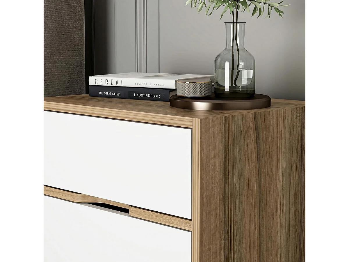 Table de chevet moderne 2 tiroirs décor bois et blanc BYRON