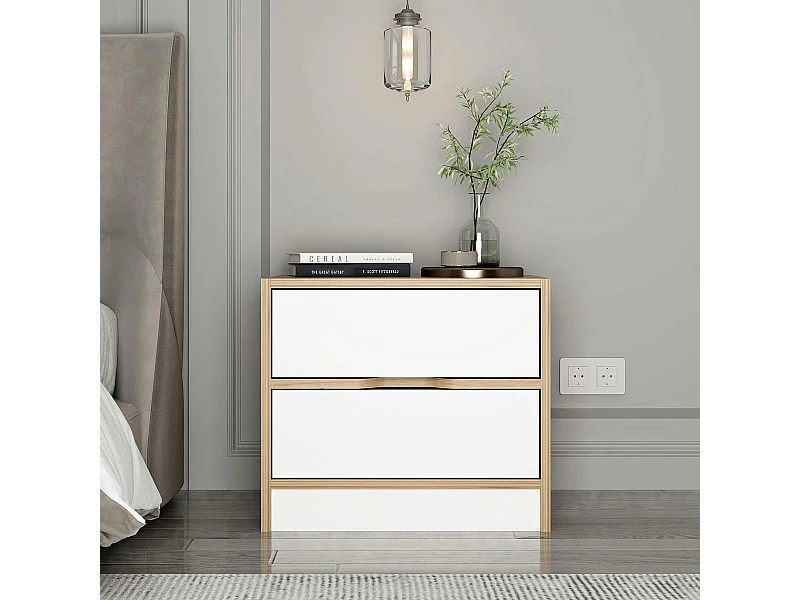 Table de chevet moderne 2 tiroirs décor bois et blanc BYRON