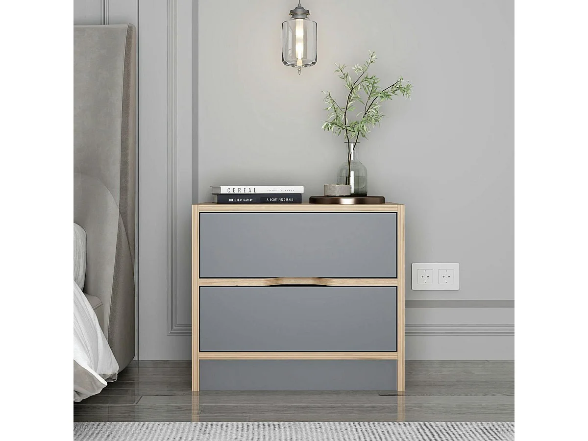 Table de chevet moderne 2 tiroirs décor bois et gris BYRON
