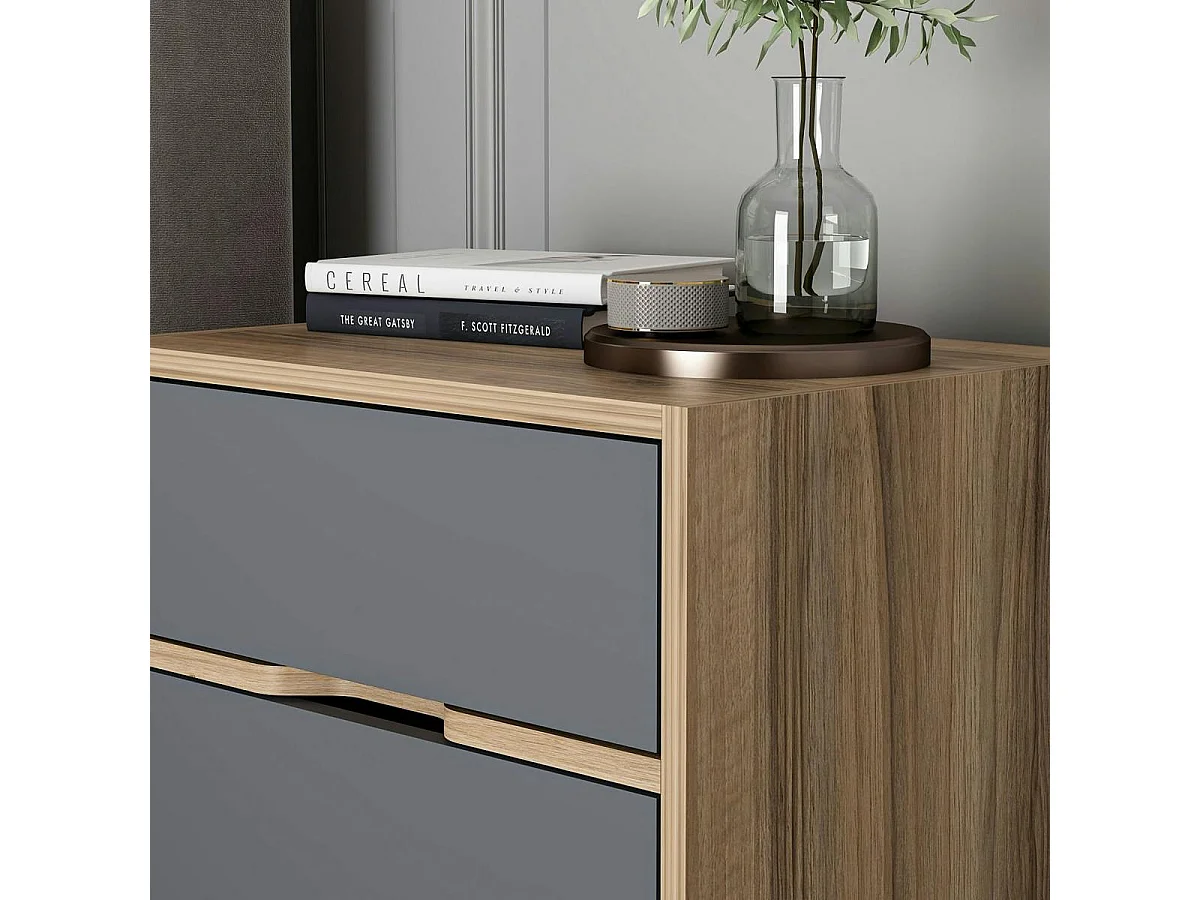 Table de chevet moderne 2 tiroirs décor bois et gris BYRON