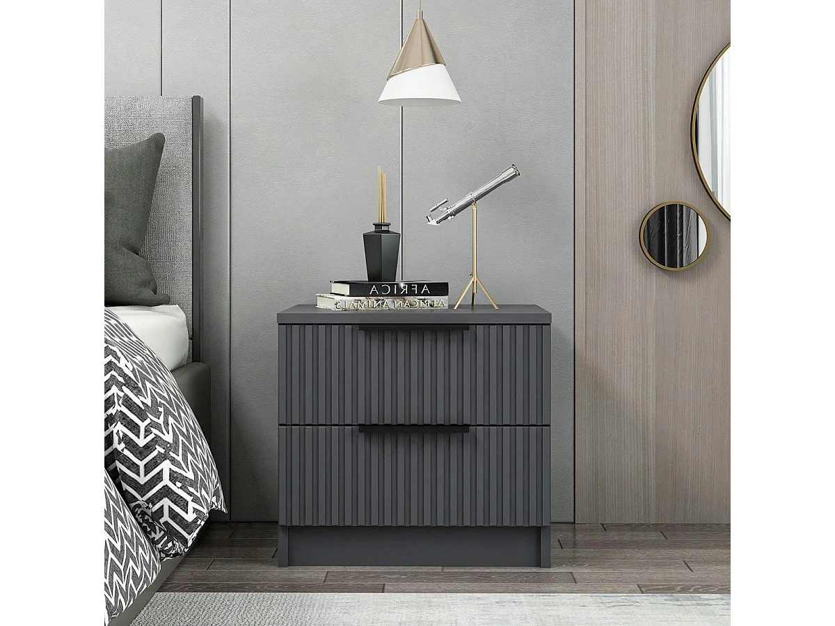 Table de chevet grise 2 tiroirs rainurés à poignées BYRON