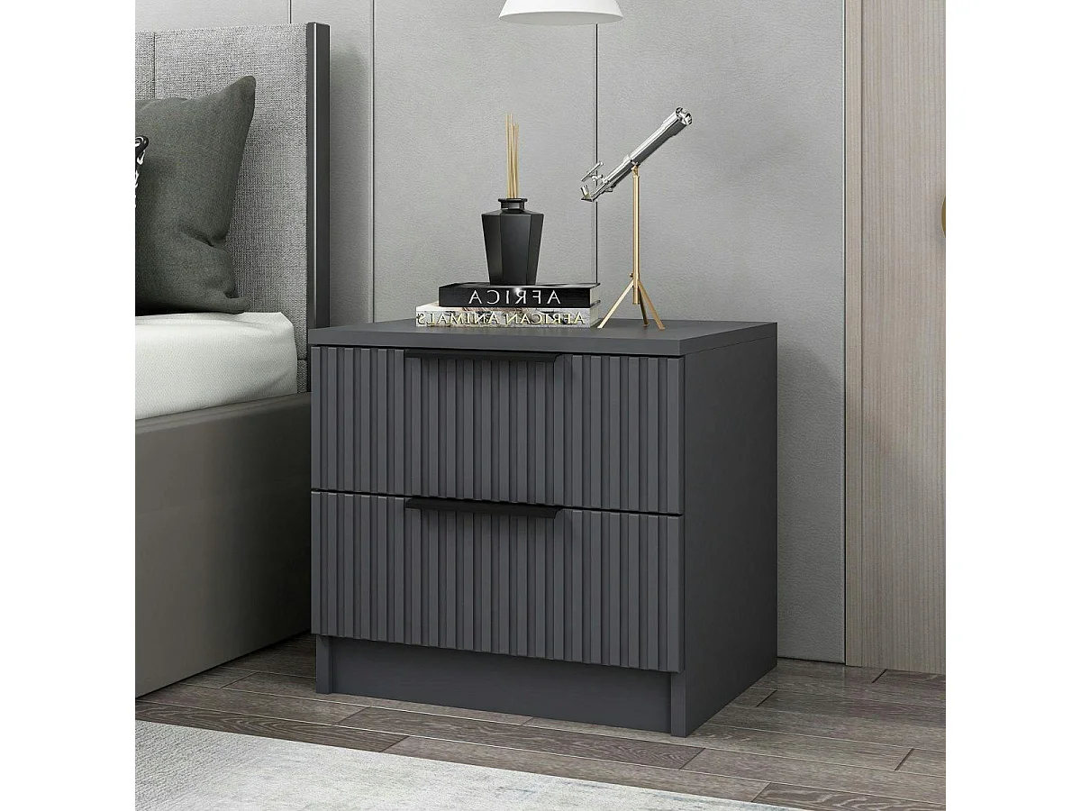 Table de chevet grise 2 tiroirs rainurés à poignées BYRON