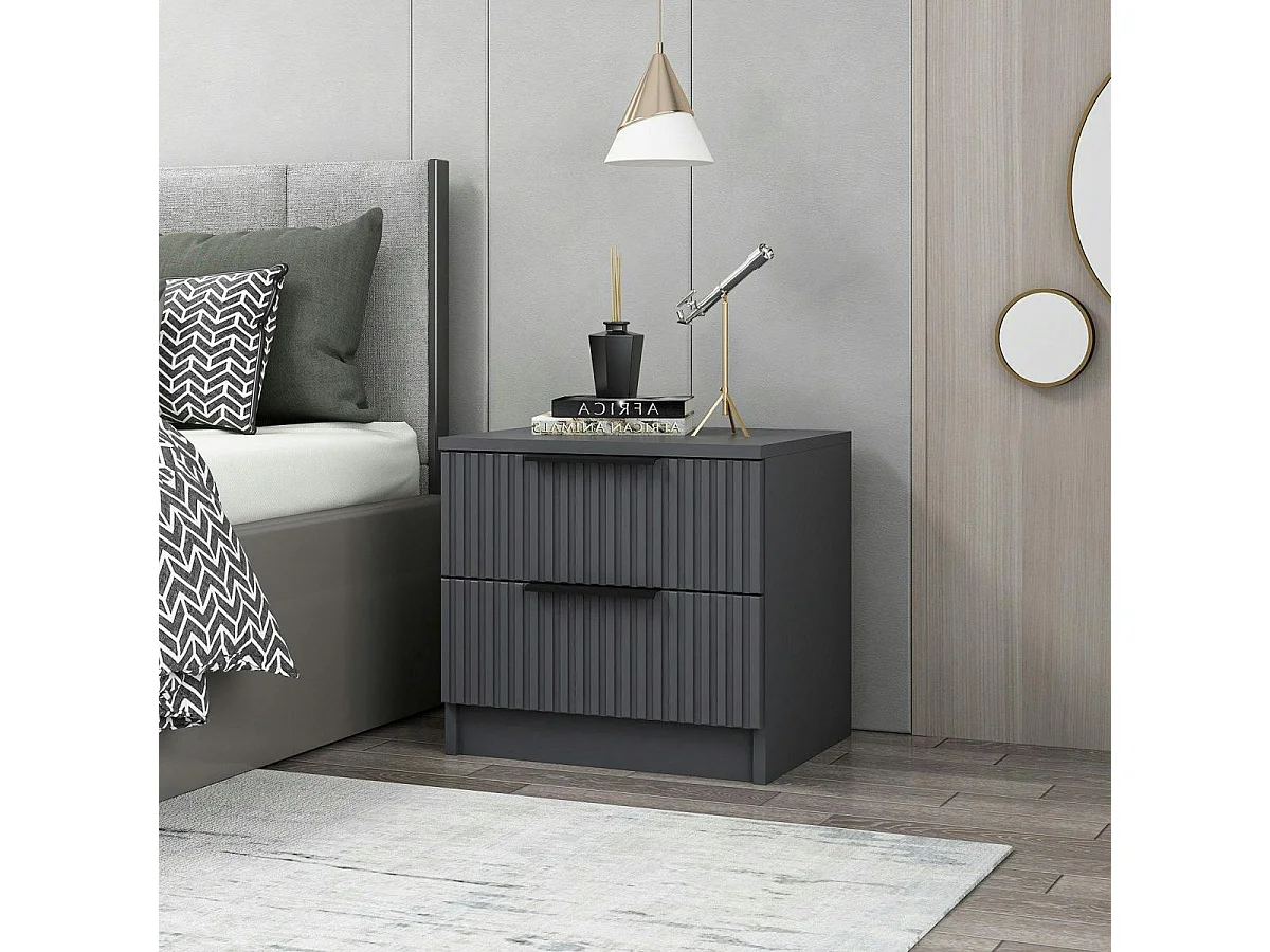 Table de chevet grise 2 tiroirs rainurés à poignées BYRON