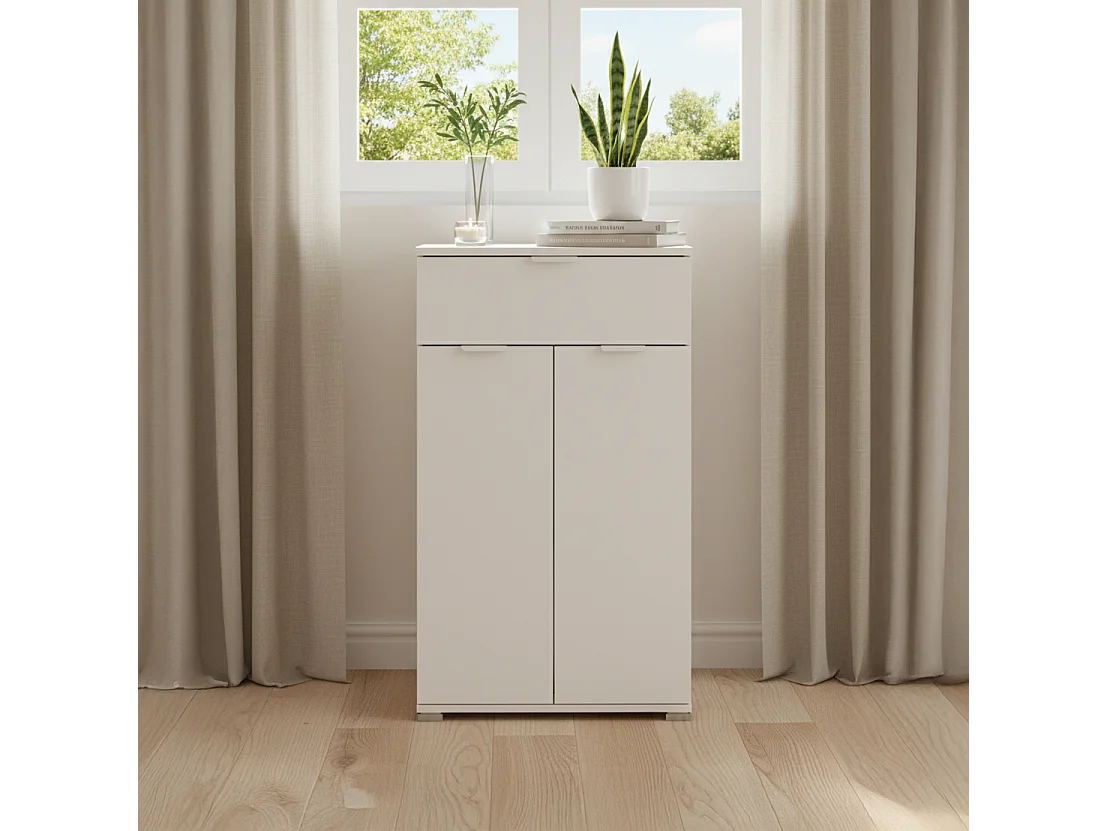Table de Chevet/Armoire Blanche 2 Portes + Tiroir L45×H85×P38 cm | Meuble Gain de Place Moderne avec 2 Étagères Réglables | Déjà Monté
