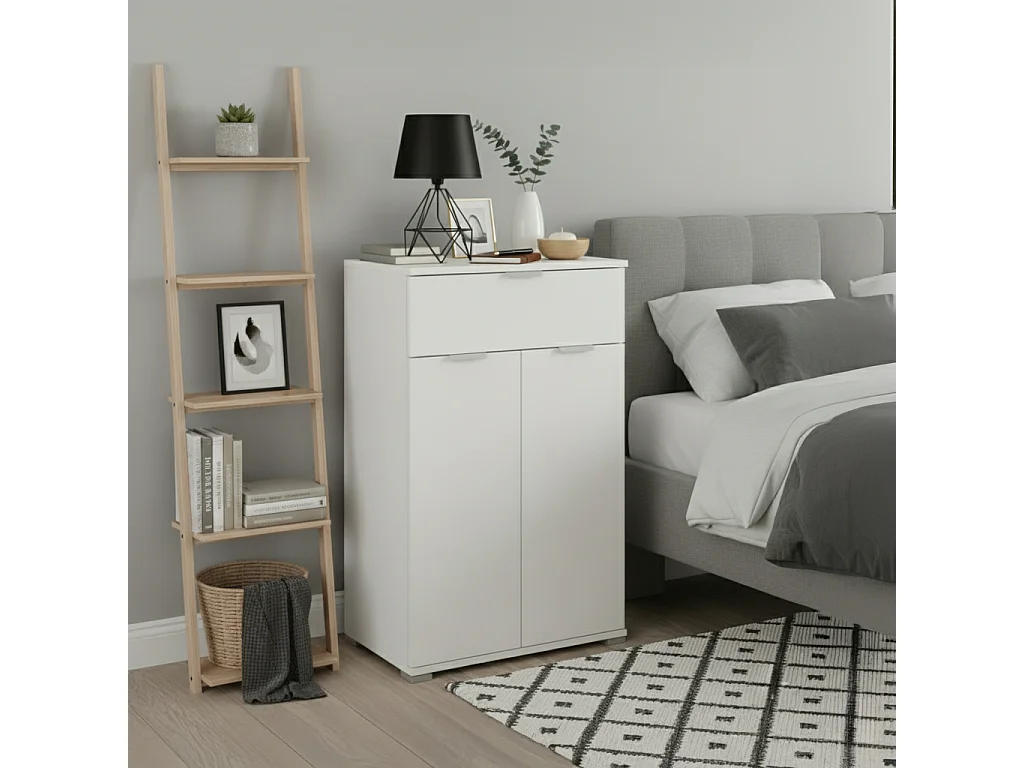 Table de Chevet/Armoire Blanche 2 Portes + Tiroir | Meuble Gain de Place avec 2 Étagères Réglables | Préassemblé pour Chambre, Entrée, Salle de Bain et Salon