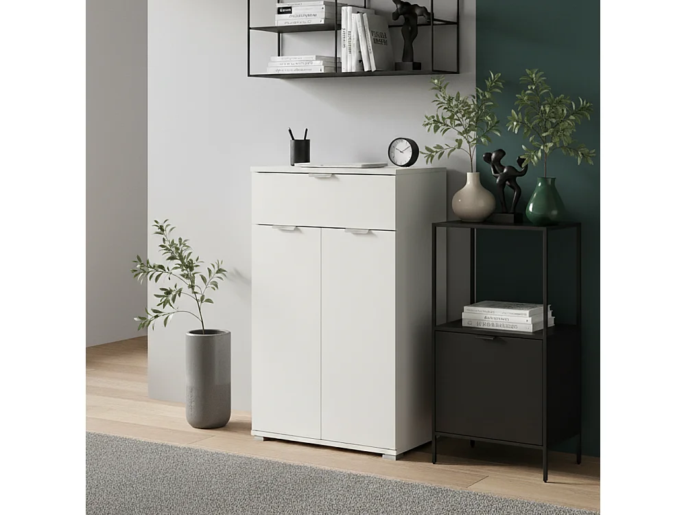 Table de Chevet/Armoire Blanche 2 Portes + Tiroir | Meuble Gain de Place avec 2 Étagères Réglables | Préassemblé pour Chambre, Entrée, Salle de Bain et Salon