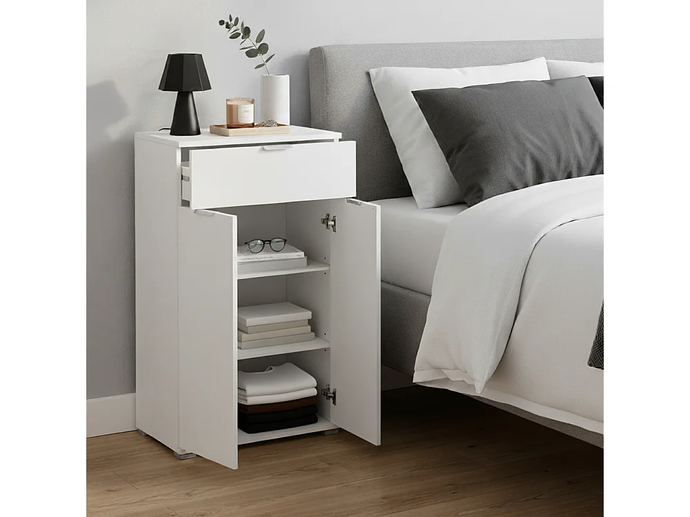 Table de Chevet/Armoire Blanche 2 Portes + Tiroir | Meuble Gain de Place avec 2 Étagères Réglables | Préassemblé pour Chambre, Entrée, Salle de Bain et Salon