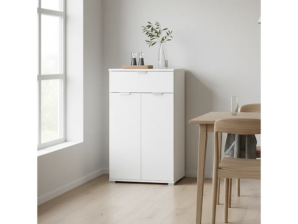 Table de Chevet/Armoire Blanche 2 Portes + Tiroir | Meuble Gain de Place avec 2 Étagères Réglables | Préassemblé pour Chambre, Entrée, Salle de Bain et Salon