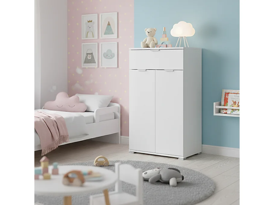 Table de Chevet/Armoire Blanche 2 Portes + Tiroir | Meuble Gain de Place avec 2 Étagères Réglables | Préassemblé pour Chambre, Entrée, Salle de Bain et Salon