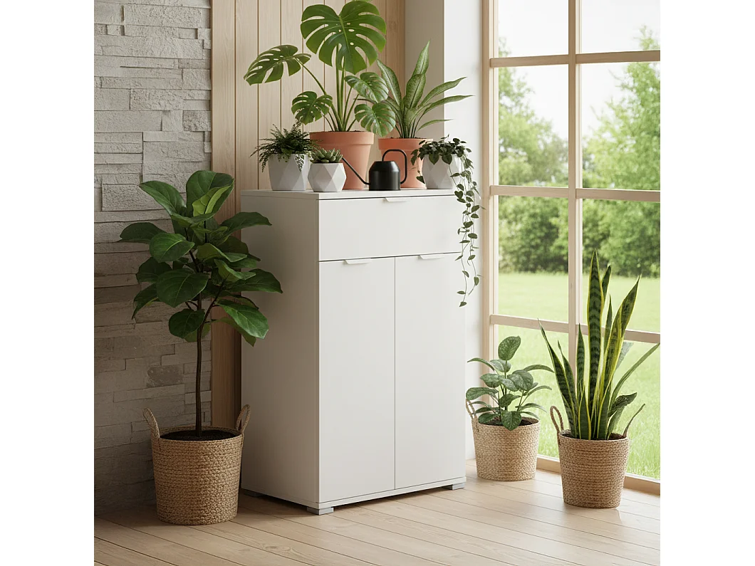 Table de Chevet/Armoire Blanche 2 Portes + Tiroir | Meuble Gain de Place avec 2 Étagères Réglables | Préassemblé pour Chambre, Entrée, Salle de Bain et Salon