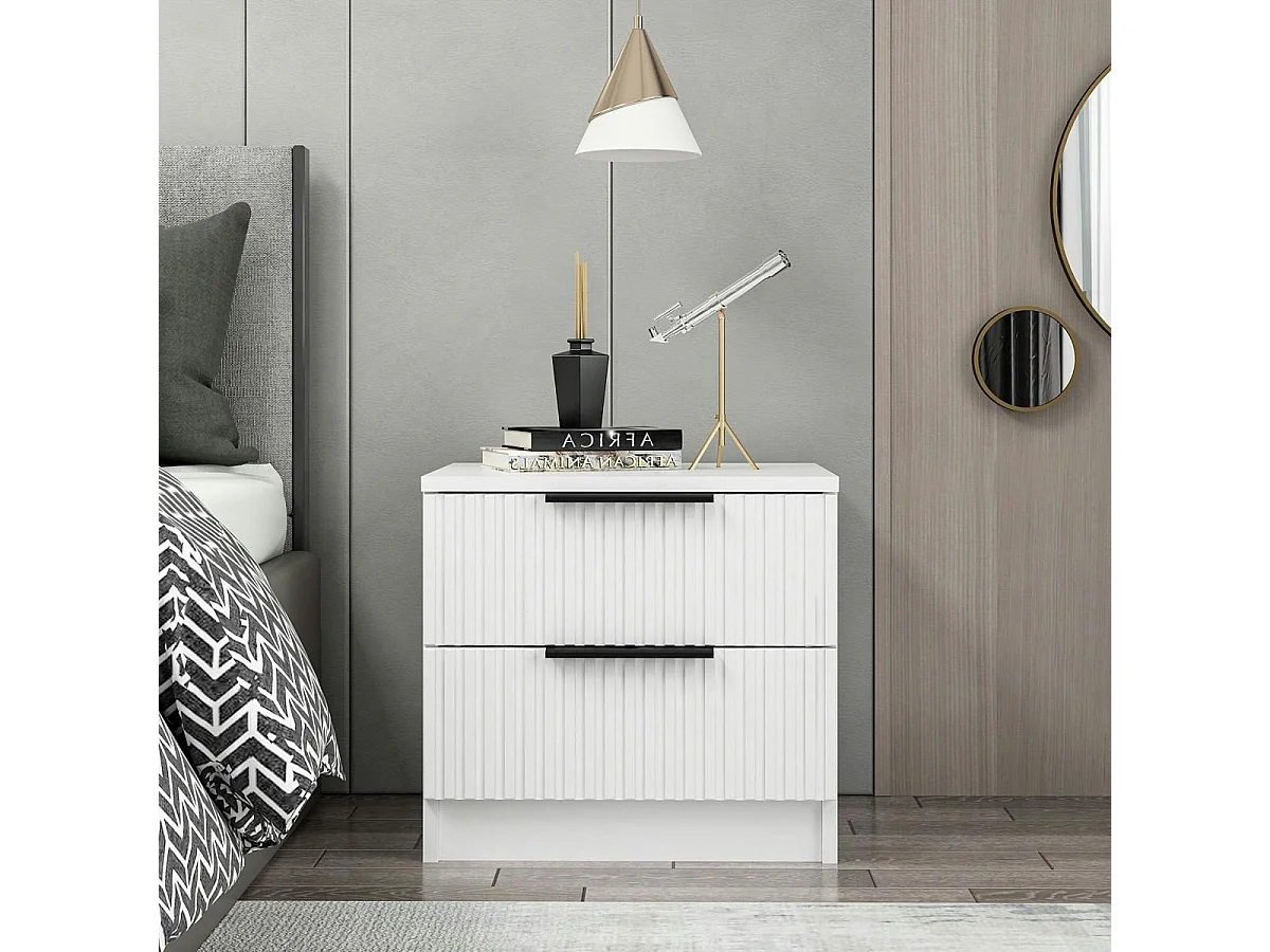 Table de chevet blanche 2 tiroirs rainurés à poignées BYRON