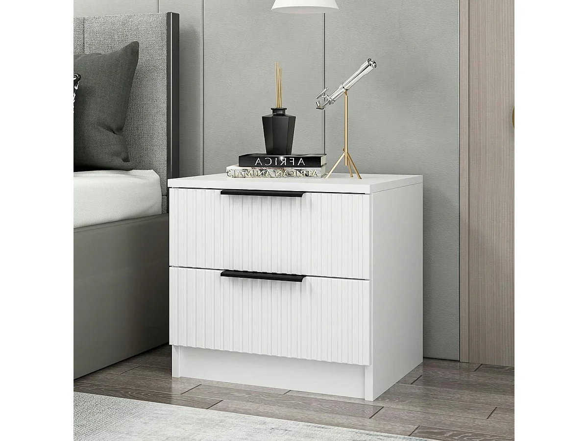 Table de chevet blanche 2 tiroirs rainurés à poignées BYRON