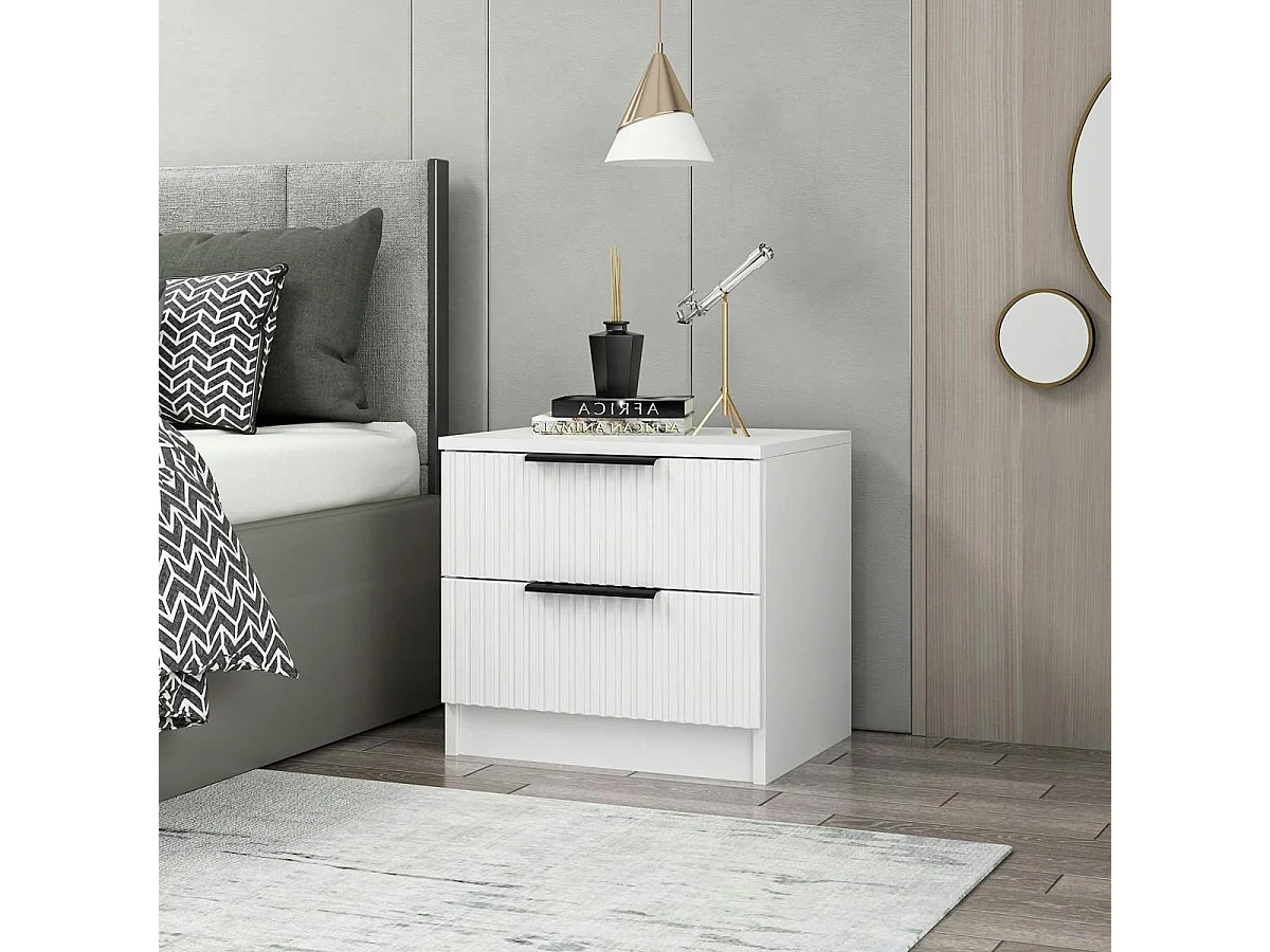 Table de chevet blanche 2 tiroirs rainurés à poignées BYRON
