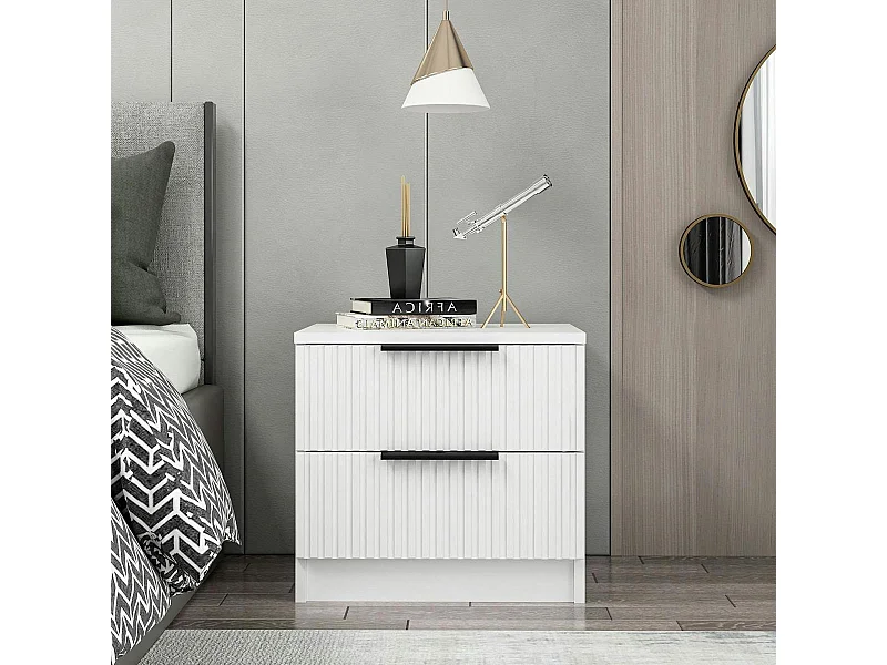 Table de chevet blanche 2 tiroirs rainurés à poignées BYRON