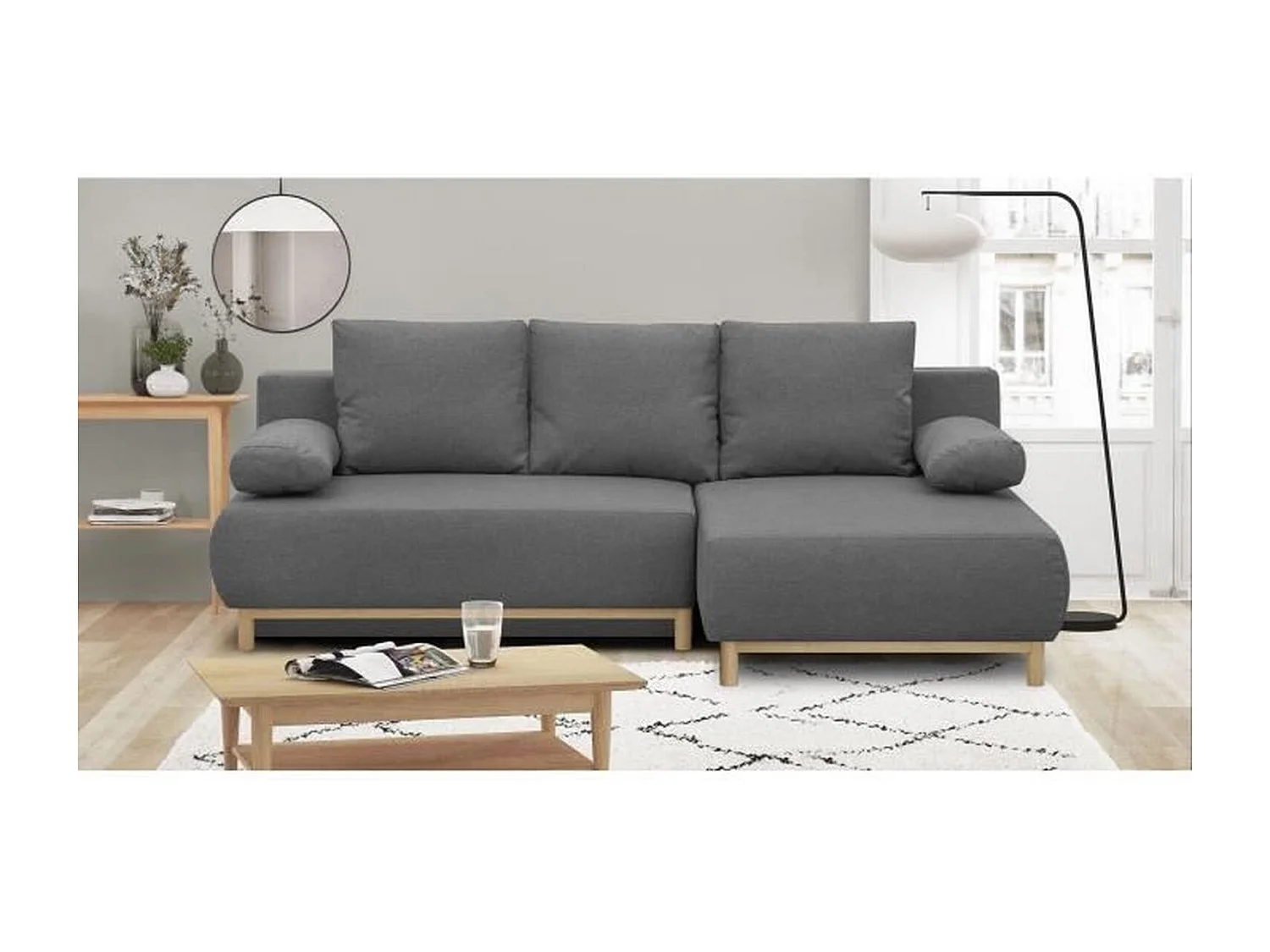 Rechtsseitiges Ecksofa 3-Sitzer MIKA hellgrau mit Stauraum und Schlafgelegenheit 130x210 cm, Japandi-Stil