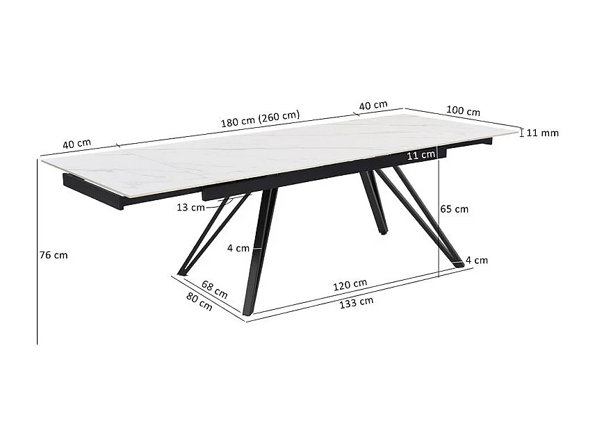Table extensible 180 à 260 cm céramique blanc marbré pieds en V - NEVADA 10