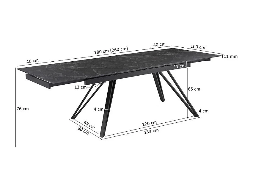 Table extensible 180 à 260 cm céramique noir marbré pieds en V - INDIANA 10