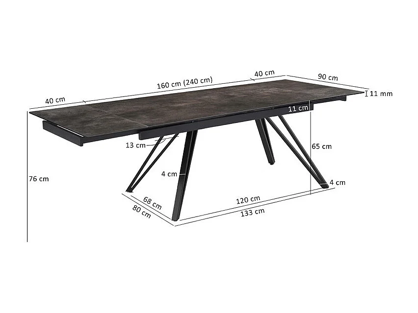 Table extensible 160 à 240 cm en céramique Gris Vieilli pieds en V - MAINE 10