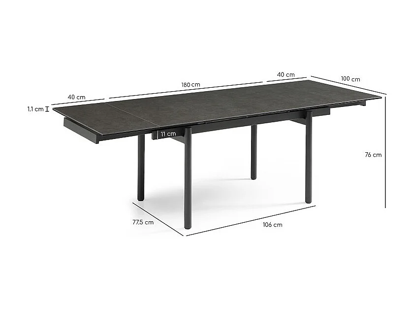 Table extensible 180 à 260 cm céramique gris anthracite pieds droits - UTAH 09