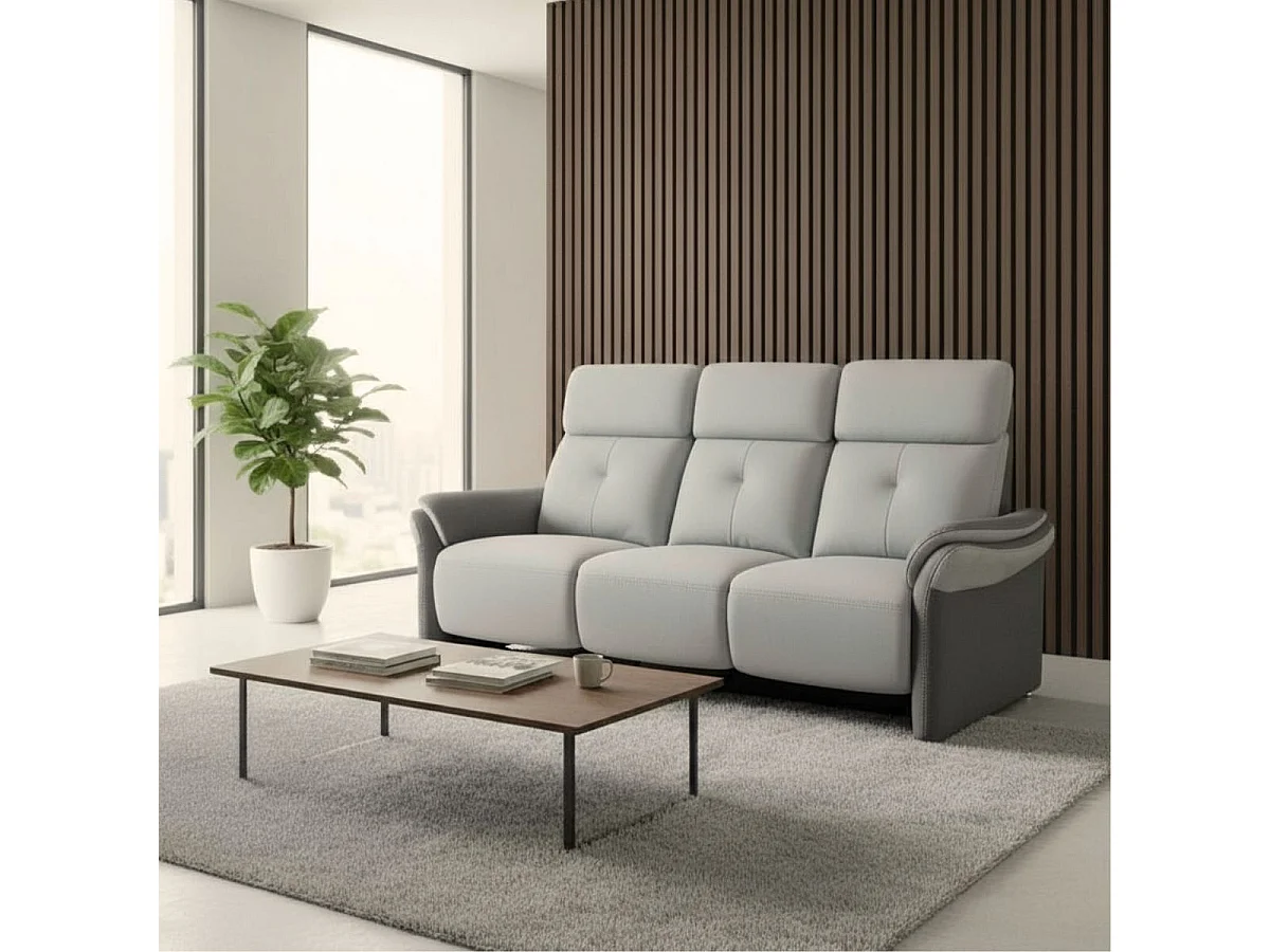 Canapé 3 places fixe tissu micro grain gris perle et gris plomb + tablette centrale imitation noyer - DJINO