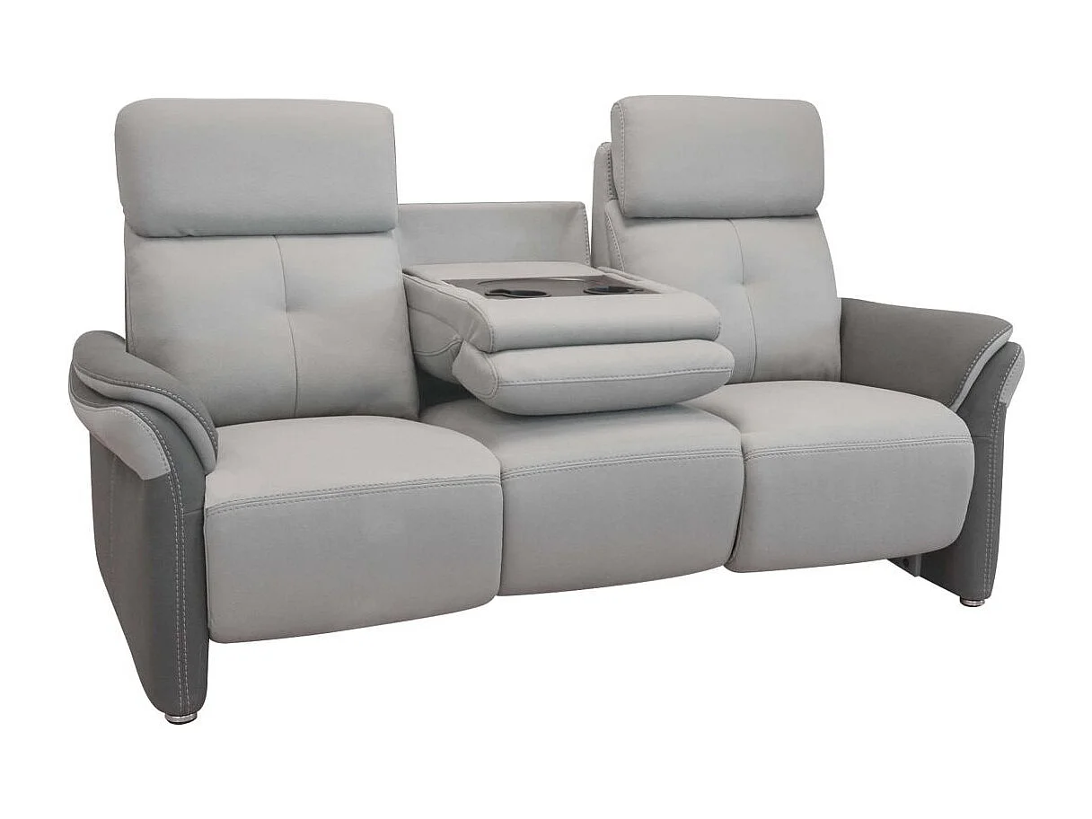 Canapé 3 places fixe tissu micro grain gris perle et gris plomb + tablette centrale imitation noyer - DJINO