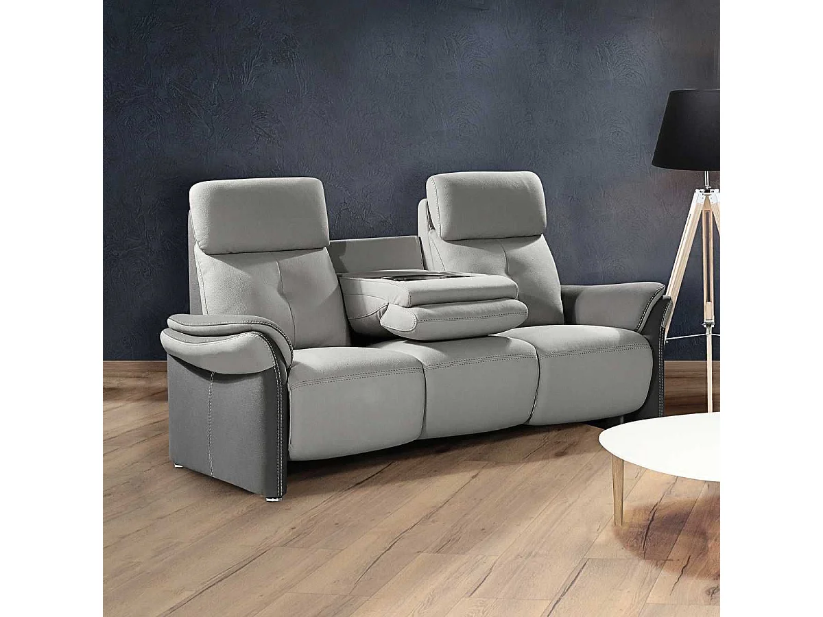 Canapé 3 places fixe tissu micro grain gris perle et gris plomb + tablette centrale imitation noyer - DJINO