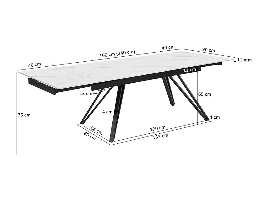 Table extensible 160 à 240 cm céramique blanc marbré pieds en V - NEVADA 10