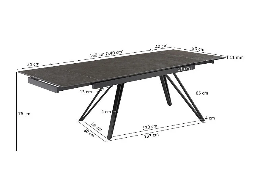 Table extensible 160 à 240 cm céramique gris anthracite pieds V - UTAH 10