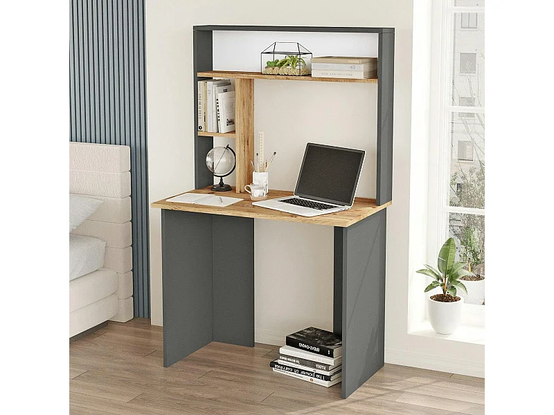 Bureau ado gris décor bois avec rangement haut MARFA