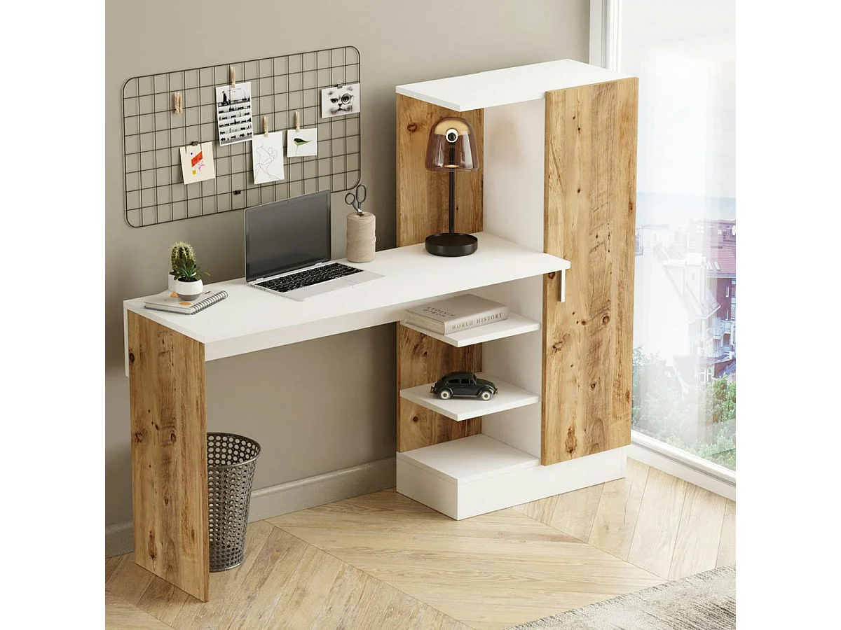 Bureau ado blanc décor bois avec rangement et étagères MARFA