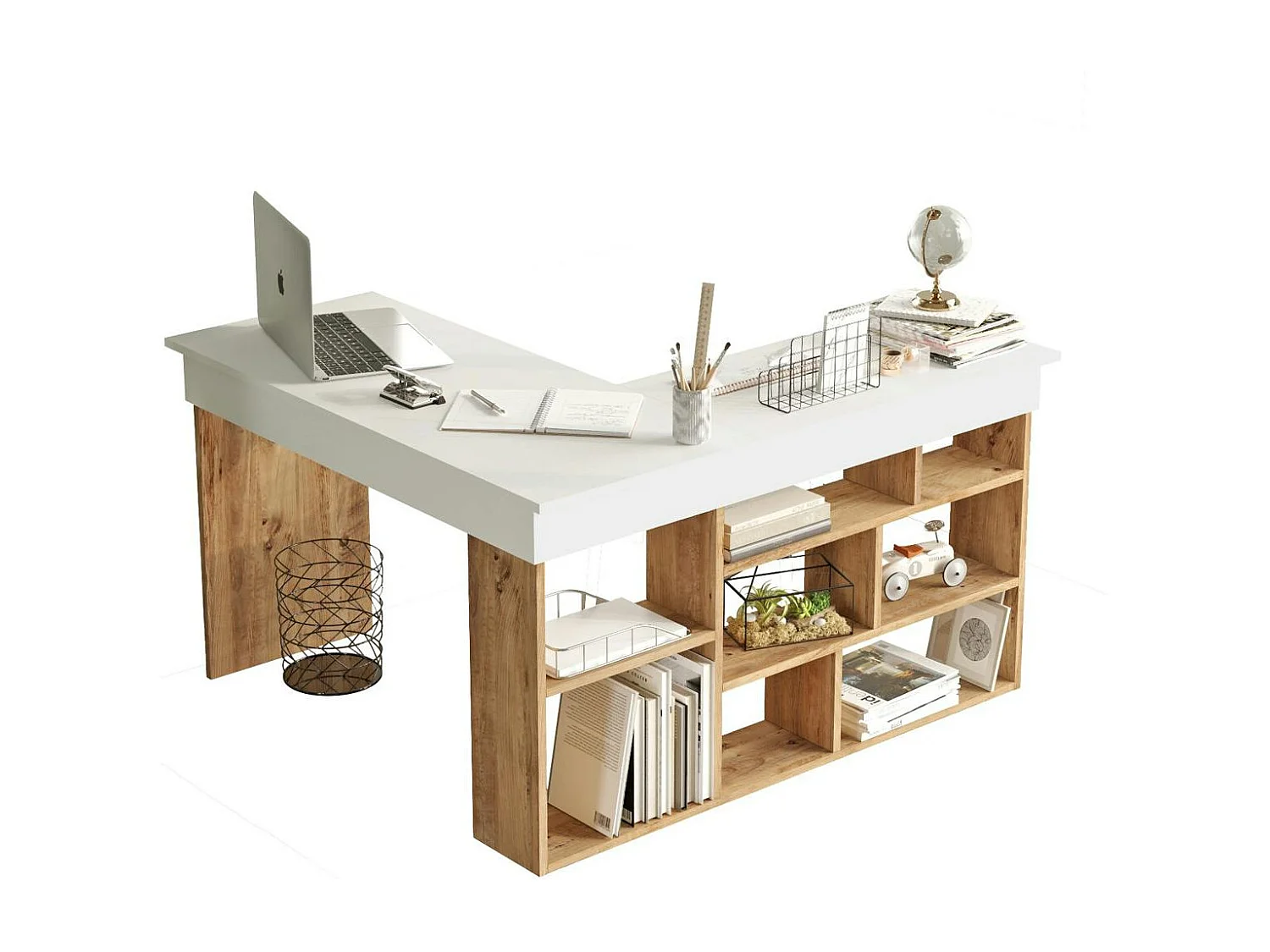 Bureau d'angle blanc décor bois à niches de rangement MARFA