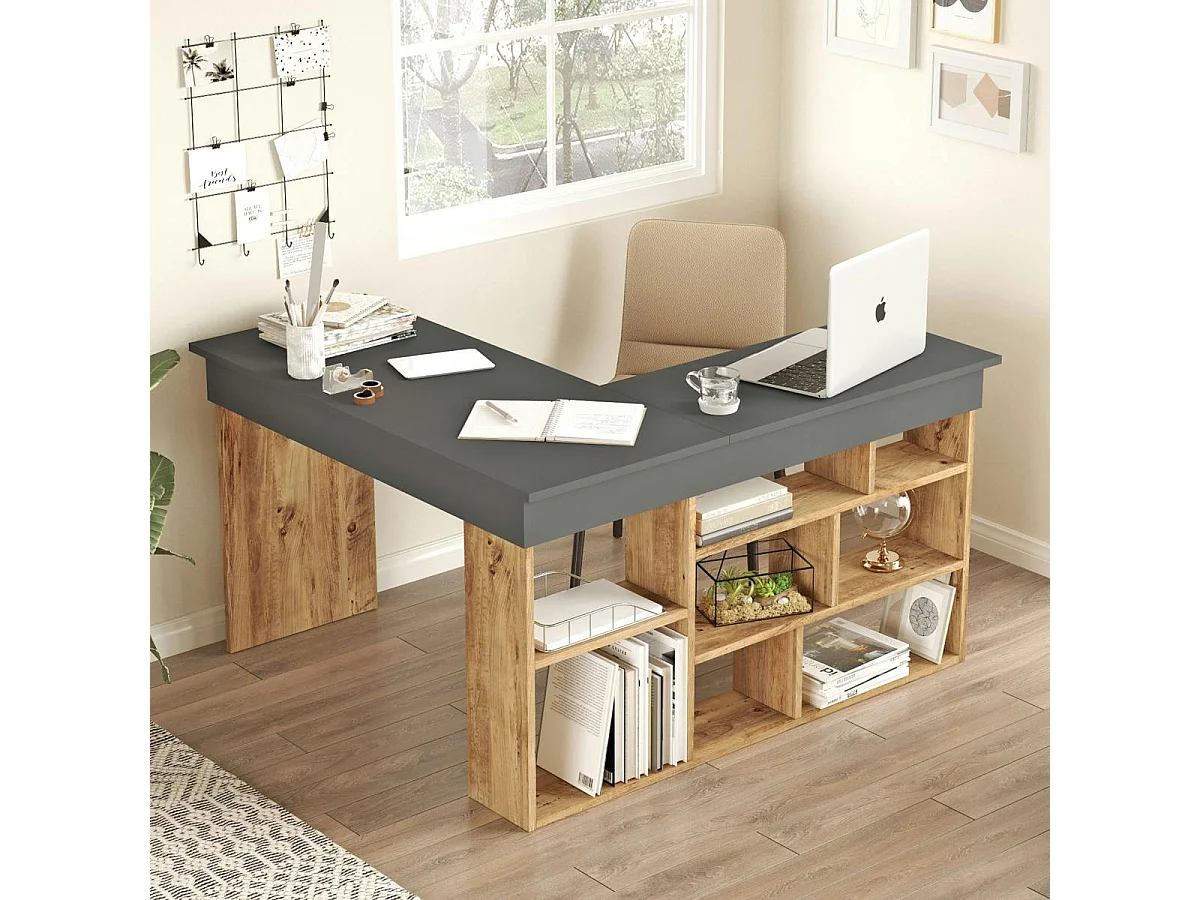 Bureau d'angle gris décor bois à niches de rangement MARFA