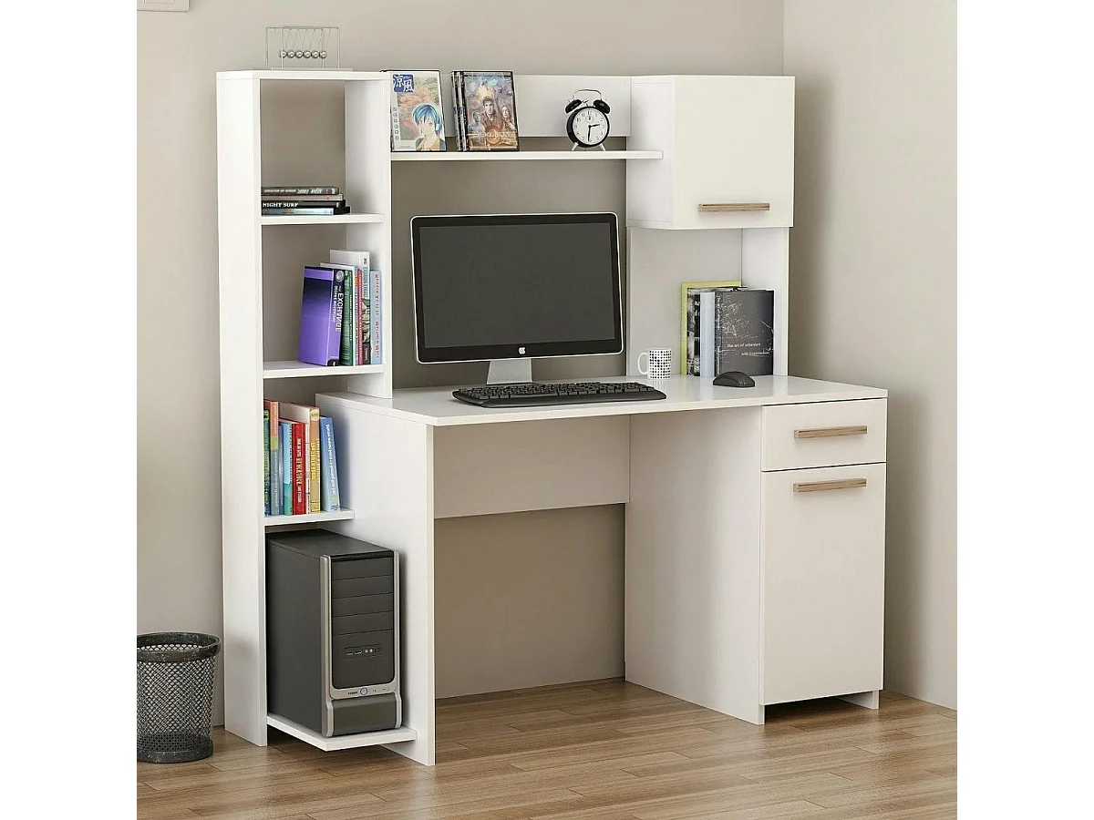 Bureau ordinateur fixe blanc avec rangement et étagères MARFA