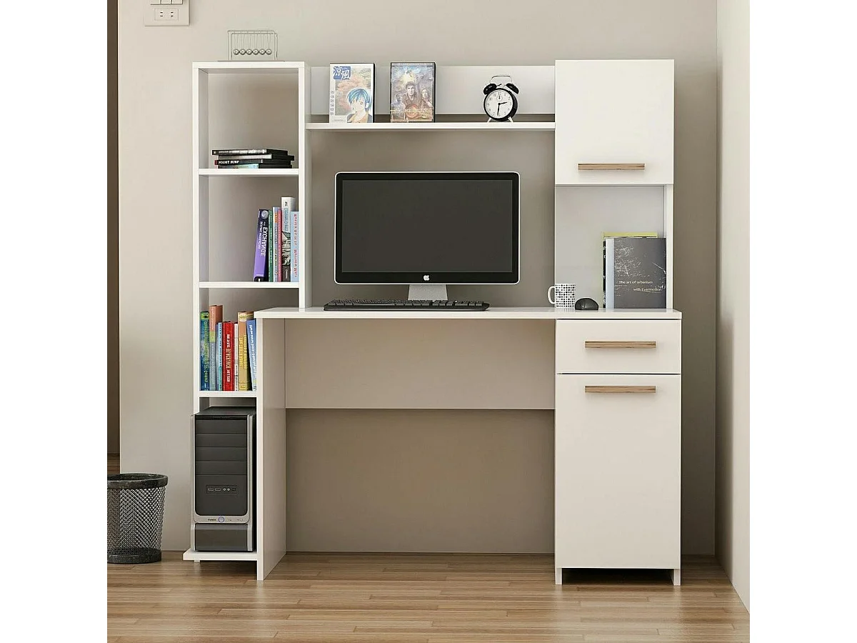 Bureau ordinateur fixe blanc avec rangement et étagères MARFA