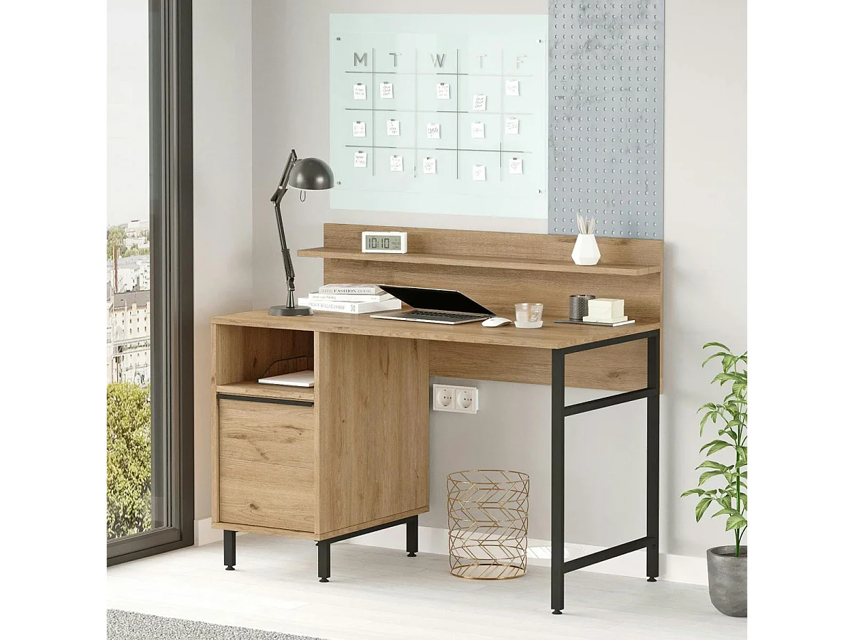 Bureau moderne décor bois avec rangement et étagère JENA
