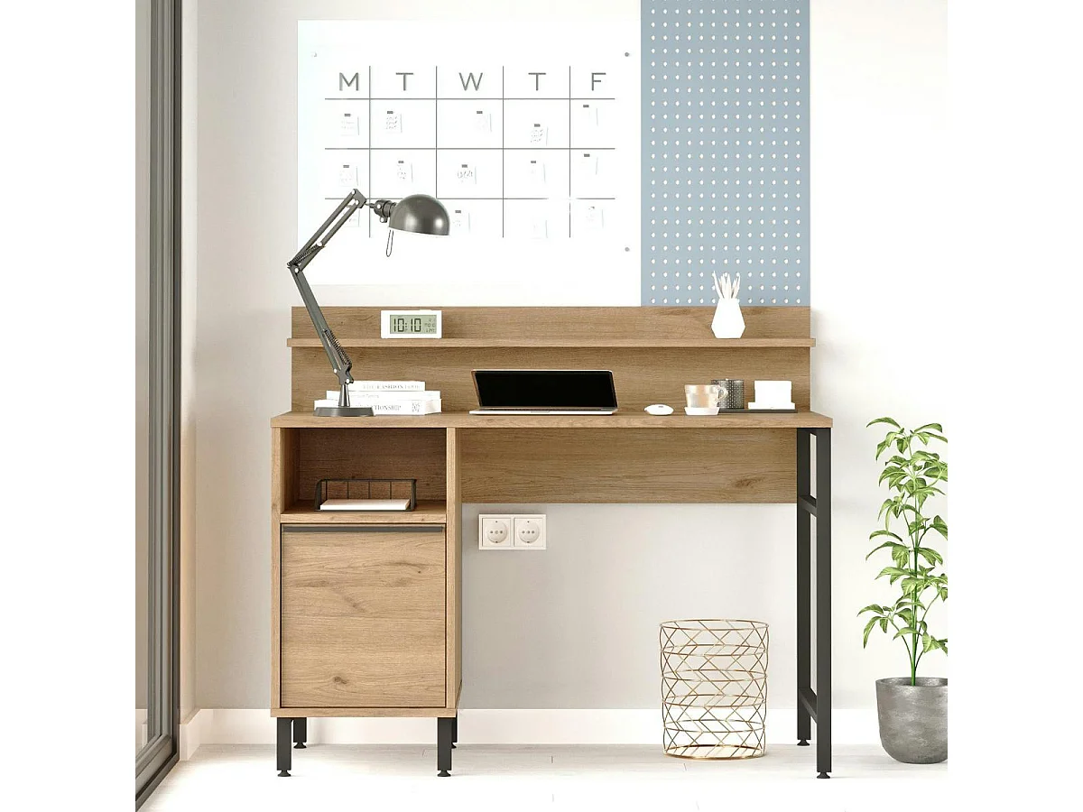 Bureau moderne décor bois avec rangement et étagère JENA