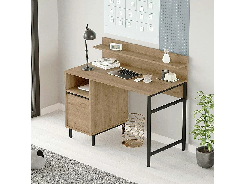 Bureau moderne décor bois avec rangement et étagère JENA