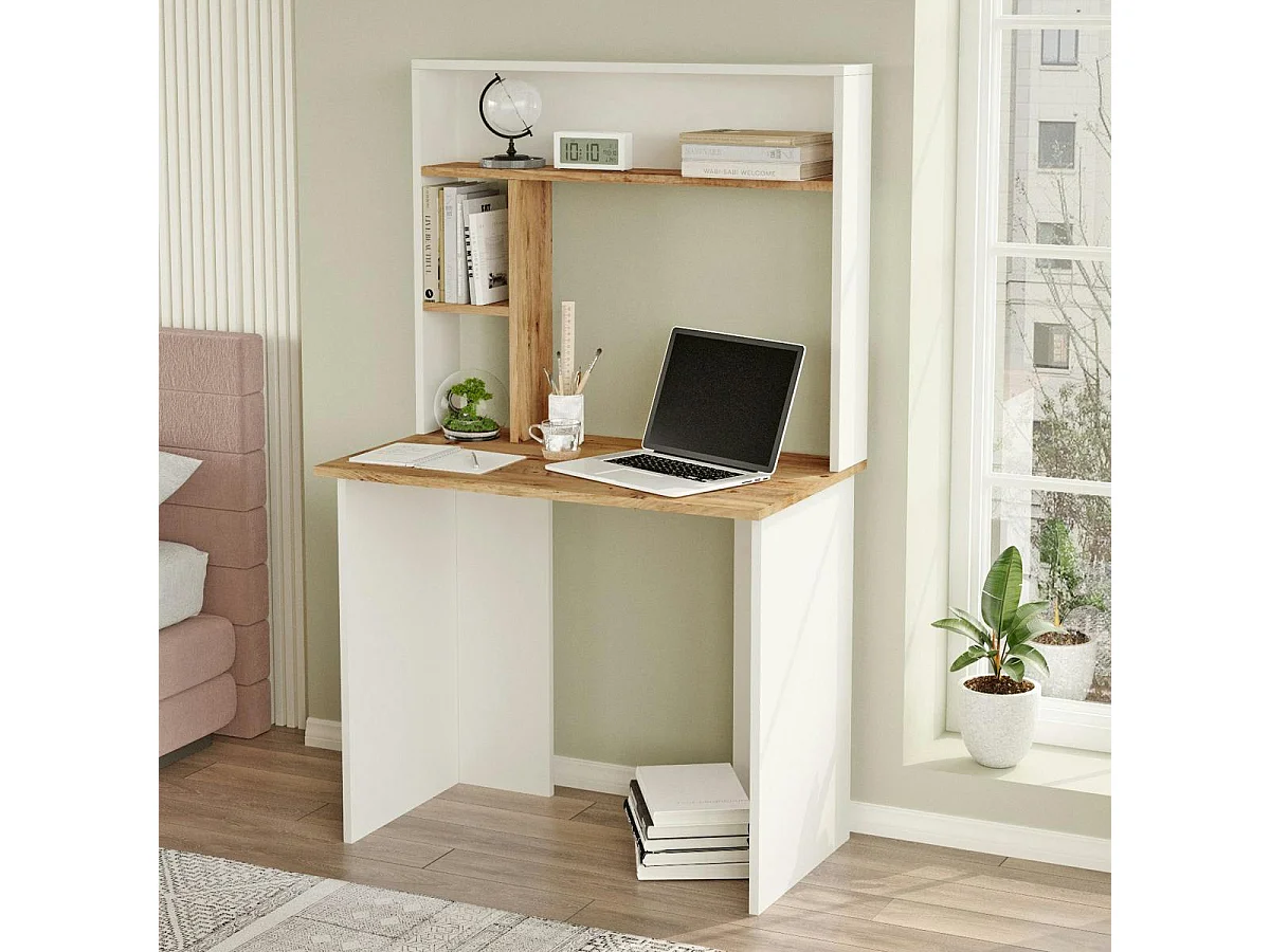 Bureau ado blanc décor bois avec rangement haut MARFA