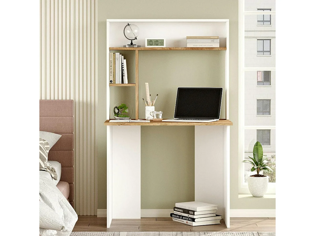 Bureau ado blanc décor bois avec rangement haut MARFA
