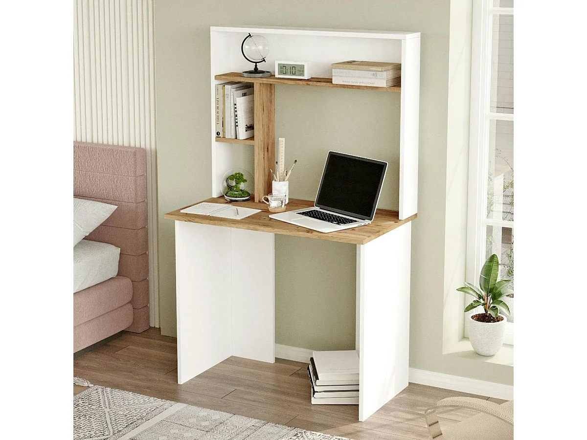 Bureau ado blanc décor bois avec rangement haut MARFA
